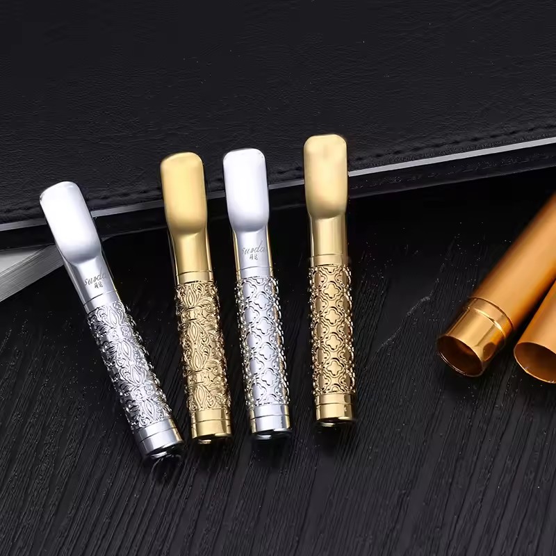 Smoking & Vaping Accessories - 合金製ユニバーサルサイズシガレットマウスピース ゴールドシルバー刻印入り ポータブル喫煙者向け プレミアムスタイリッシュ